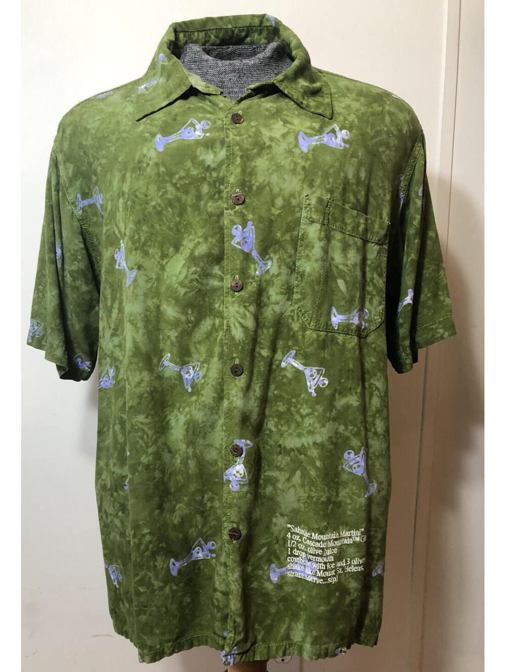 Ojai Mens Large Hawaiian Shirt Green Martini Glasses Recipe Embroidered